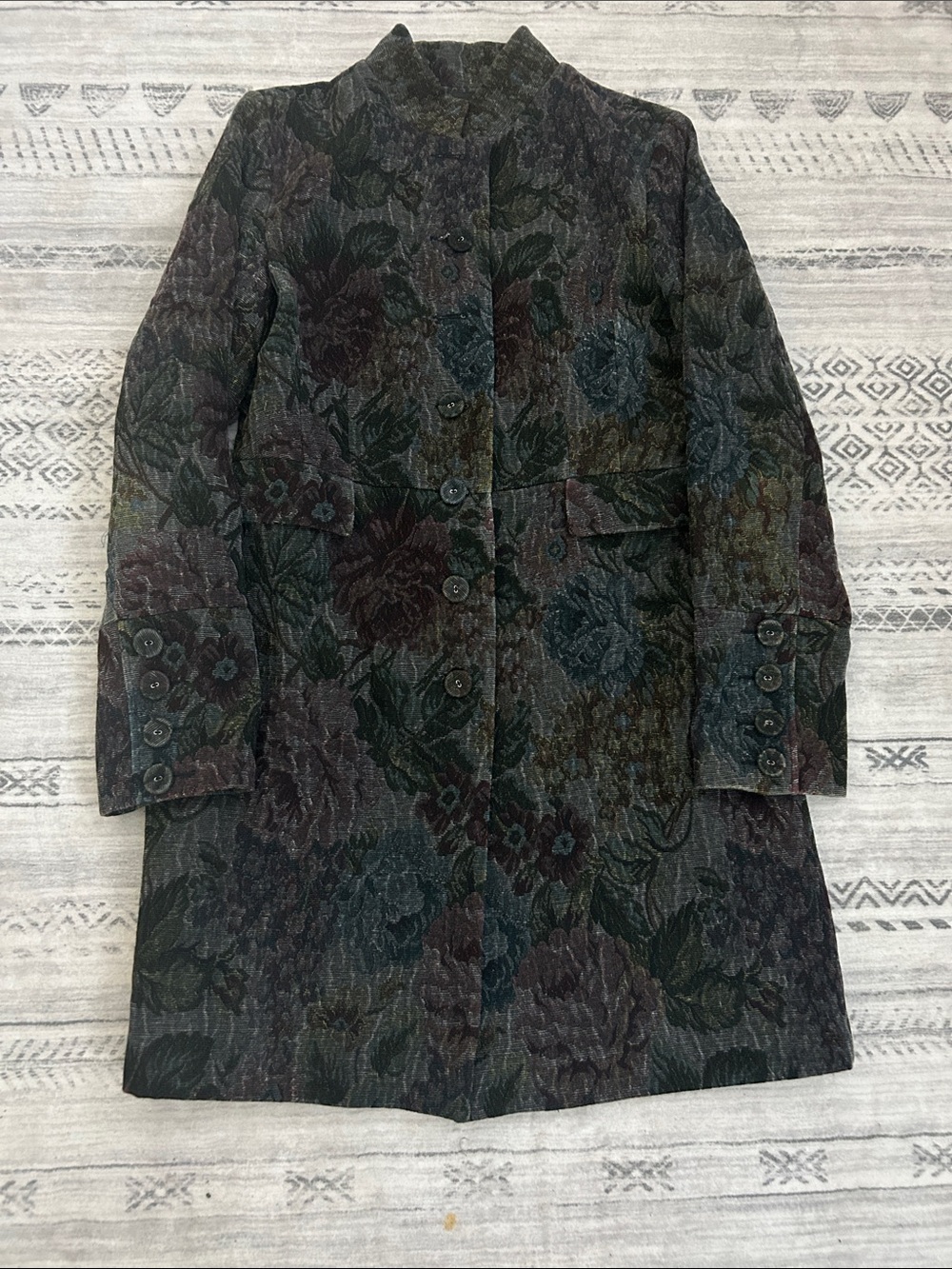 Express Floral Jacquard Long Trench Coat - Black & Green